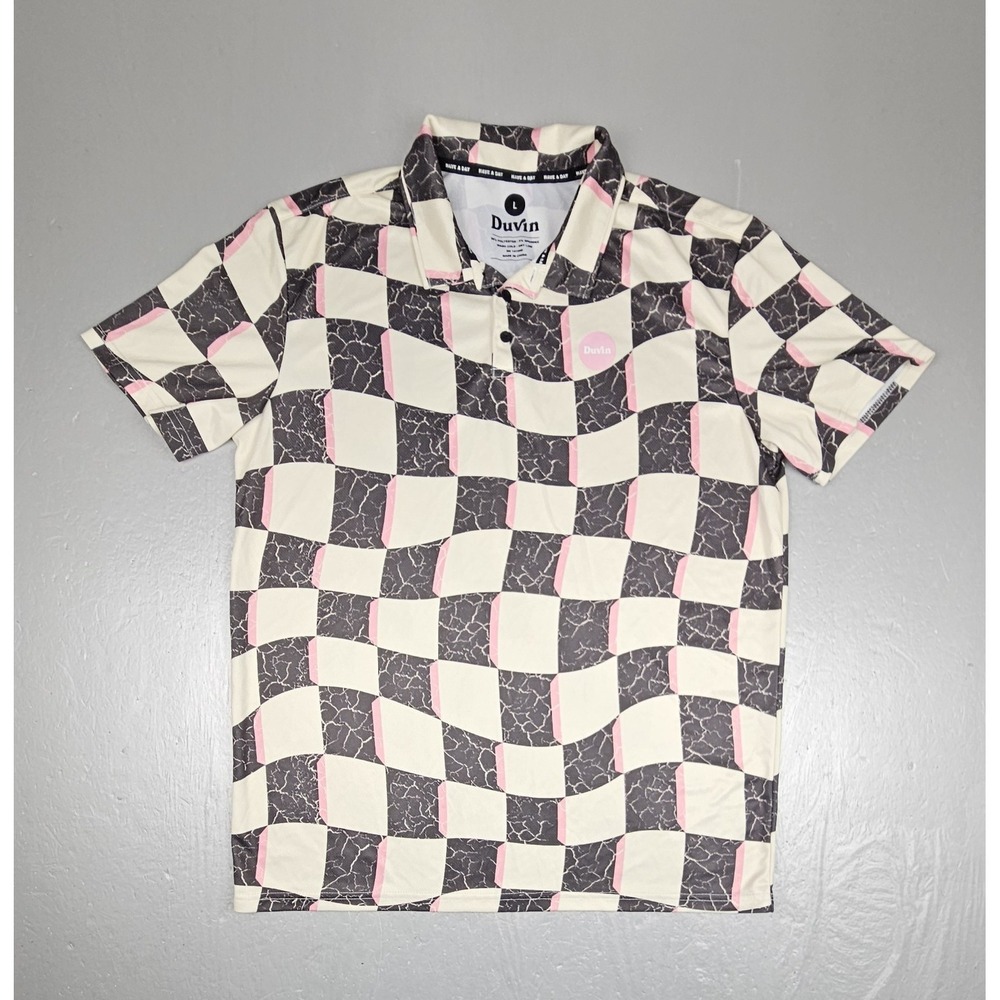 Duvin Golf Polo Shirt Mens Large Brown Pink Performance Stretch Checkered‎